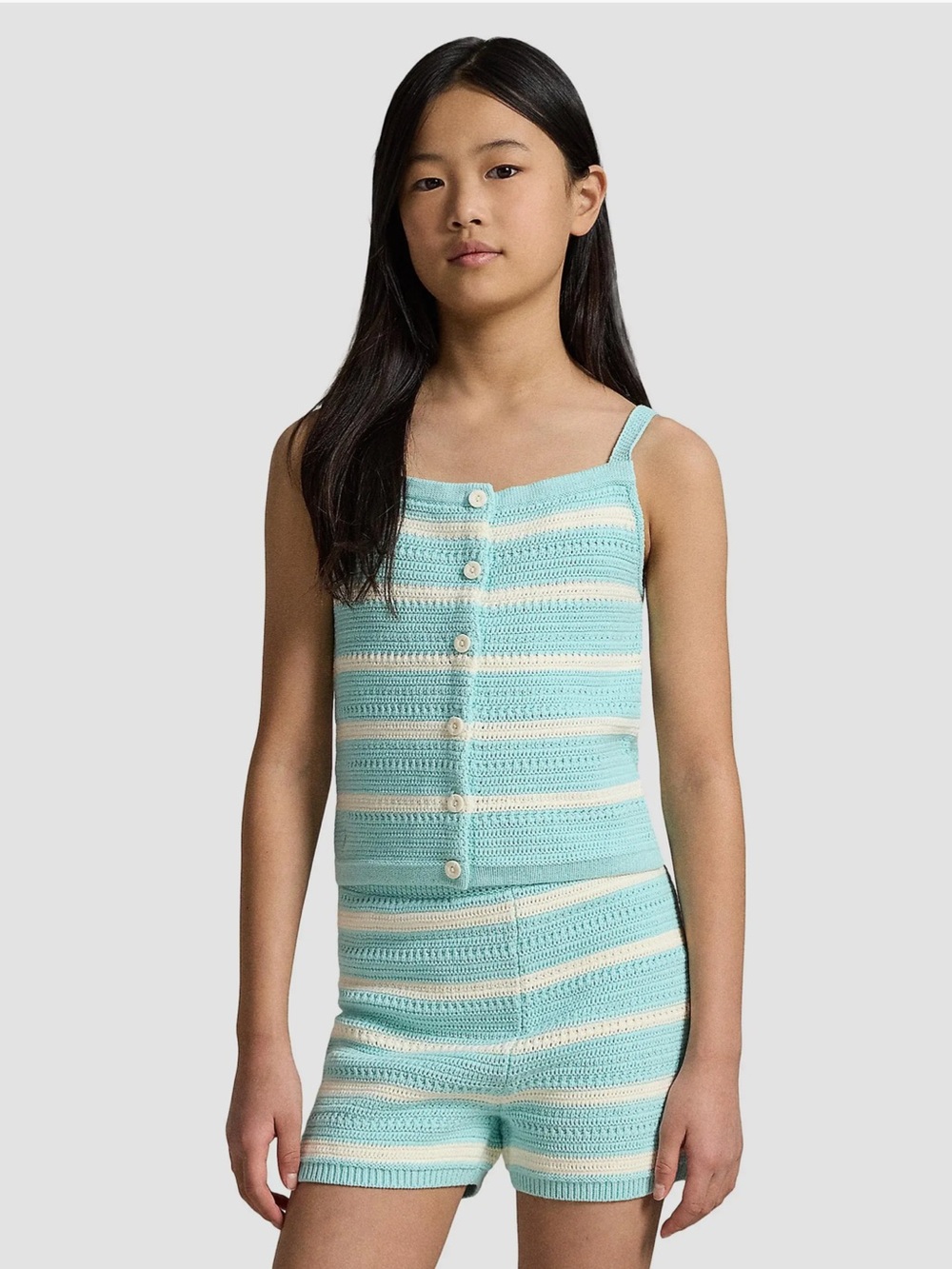 NWT Polo Ralph Lauren Girls Crochet Knit 2-Piece Short Set Blue Stripe M (8-10)